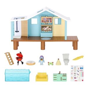 bluey beach cabin playset, with exclusive figure with goggles. includes 10 play pieces and sticker sheet