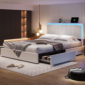 hasuit queen bed frame with 4 storage drawers, led light queen size platform bed with charging station, artificial leather upholstered bed with adjustable headboard, no box spring needed