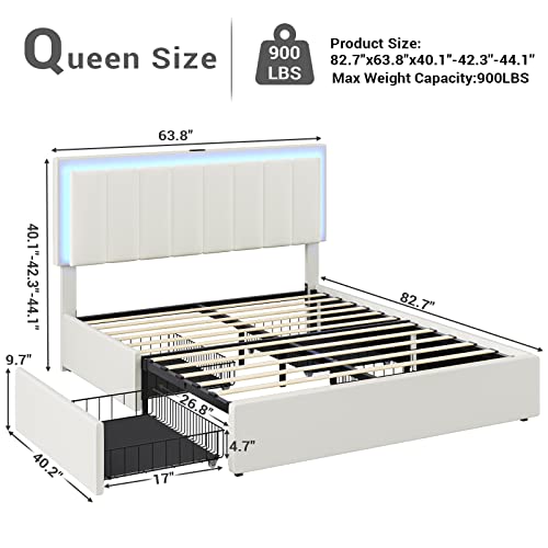 Hasuit Queen Bed Frame with 4 Storage Drawers, LED Light Queen Size Platform Bed with Charging Station, Artificial Leather Upholstered Bed with Adjustable Headboard, No Box Spring Needed