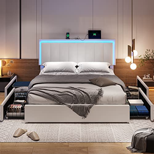 Hasuit Queen Bed Frame with 4 Storage Drawers, LED Light Queen Size Platform Bed with Charging Station, Artificial Leather Upholstered Bed with Adjustable Headboard, No Box Spring Needed