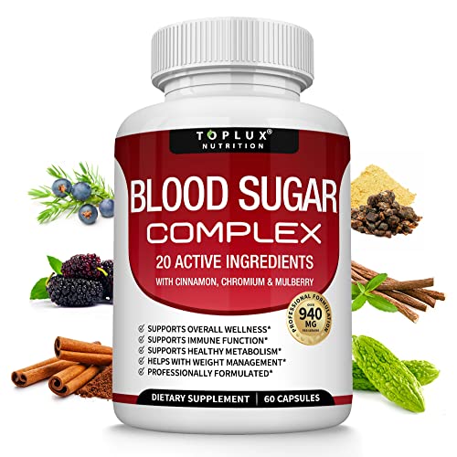 Blood Sugar Complex Supplement – Natural 20 Herbs and Vitamins with Cinnamon, Alpha Lipoic Acid to Support Health, Non-GMO, for Men Women, 60 Capsules