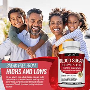 Blood Sugar Complex Supplement – Natural 20 Herbs and Vitamins with Cinnamon, Alpha Lipoic Acid to Support Health, Non-GMO, for Men Women, 60 Capsules