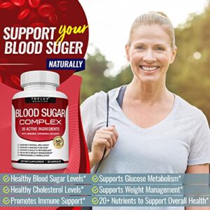 Blood Sugar Complex Supplement – Natural 20 Herbs and Vitamins with Cinnamon, Alpha Lipoic Acid to Support Health, Non-GMO, for Men Women, 60 Capsules