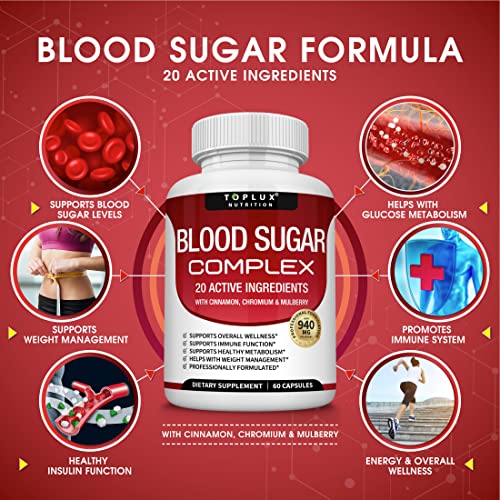 Blood Sugar Complex Supplement – Natural 20 Herbs and Vitamins with Cinnamon, Alpha Lipoic Acid to Support Health, Non-GMO, for Men Women, 60 Capsules