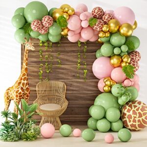 Rubfac 145 Wildlife Pink Sage Green Balloon Garland Arch Kit Giraffe Balloons for Girls Baby Shower Wild Decoration Giraffe Safari Party Supplies