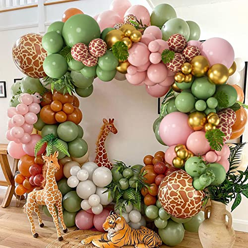 Rubfac 145 Wildlife Pink Sage Green Balloon Garland Arch Kit Giraffe Balloons for Girls Baby Shower Wild Decoration Giraffe Safari Party Supplies