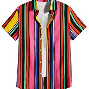 OYOANGLE Men's Striped Short Sleeve Button Down Shirts Collar Hawaiian Shirt Top Without Tee Colorblock Striped XXL