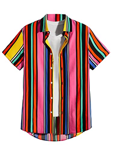 OYOANGLE Men's Striped Short Sleeve Button Down Shirts Collar Hawaiian Shirt Top Without Tee Colorblock Striped XXL