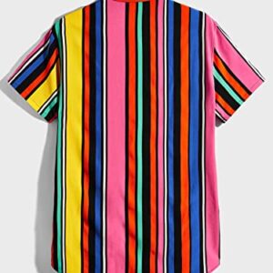 OYOANGLE Men's Striped Short Sleeve Button Down Shirts Collar Hawaiian Shirt Top Without Tee Colorblock Striped XXL