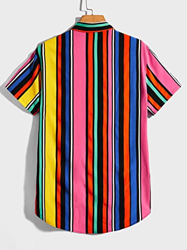 OYOANGLE Men's Striped Short Sleeve Button Down Shirts Collar Hawaiian Shirt Top Without Tee Colorblock Striped XXL