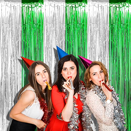 4 Pack 3.2Ft x 8.2Ft Silver Green Foil Fringe Curtain Backdrop, Metallic Tinsel Foil Fringe Streamers Curtains Background for Photo Booth, Birthday, Wedding, St Patrick Day Party Decoration