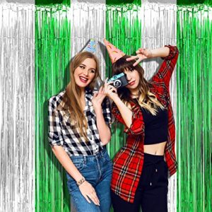 4 Pack 3.2Ft x 8.2Ft Silver Green Foil Fringe Curtain Backdrop, Metallic Tinsel Foil Fringe Streamers Curtains Background for Photo Booth, Birthday, Wedding, St Patrick Day Party Decoration