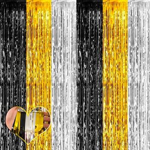 4 pack 3.2ft x 8.2ft black gold silver fringe curtain backdrop, metallic tinsel foil fringe streamers curtains background for wedding notorious one birthday roaring 20s graduation party decoration