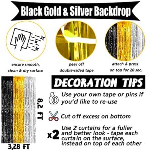 4 Pack 3.2Ft x 8.2Ft Black Gold Silver Fringe Curtain Backdrop, Metallic Tinsel Foil Fringe Streamers Curtains Background for Wedding Notorious One Birthday Roaring 20s Graduation Party Decoration