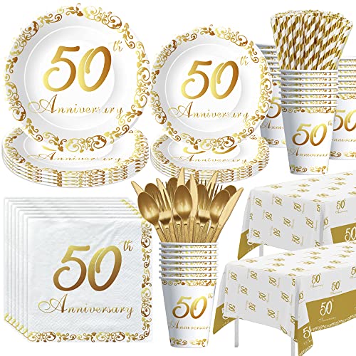 APOWBLS 50th Anniversary Decorations And Supplies Tableware - Golden 50th Wedding Anniversary Decorations, Plate, Cup, Napkin, Tablecloth, Cutlery, Straw, 50 Year Anniversary Party Supplies | Serve 24