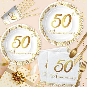 APOWBLS 50th Anniversary Decorations And Supplies Tableware - Golden 50th Wedding Anniversary Decorations, Plate, Cup, Napkin, Tablecloth, Cutlery, Straw, 50 Year Anniversary Party Supplies | Serve 24