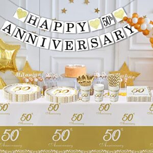 APOWBLS 50th Anniversary Decorations And Supplies Tableware - Golden 50th Wedding Anniversary Decorations, Plate, Cup, Napkin, Tablecloth, Cutlery, Straw, 50 Year Anniversary Party Supplies | Serve 24