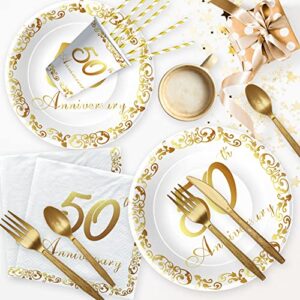 APOWBLS 50th Anniversary Decorations And Supplies Tableware - Golden 50th Wedding Anniversary Decorations, Plate, Cup, Napkin, Tablecloth, Cutlery, Straw, 50 Year Anniversary Party Supplies | Serve 24