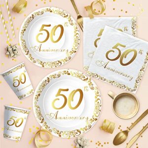 APOWBLS 50th Anniversary Decorations And Supplies Tableware - Golden 50th Wedding Anniversary Decorations, Plate, Cup, Napkin, Tablecloth, Cutlery, Straw, 50 Year Anniversary Party Supplies | Serve 24