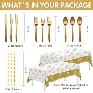 APOWBLS 50th Anniversary Decorations And Supplies Tableware - Golden 50th Wedding Anniversary Decorations, Plate, Cup, Napkin, Tablecloth, Cutlery, Straw, 50 Year Anniversary Party Supplies | Serve 24