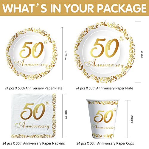 APOWBLS 50th Anniversary Decorations And Supplies Tableware - Golden 50th Wedding Anniversary Decorations, Plate, Cup, Napkin, Tablecloth, Cutlery, Straw, 50 Year Anniversary Party Supplies | Serve 24