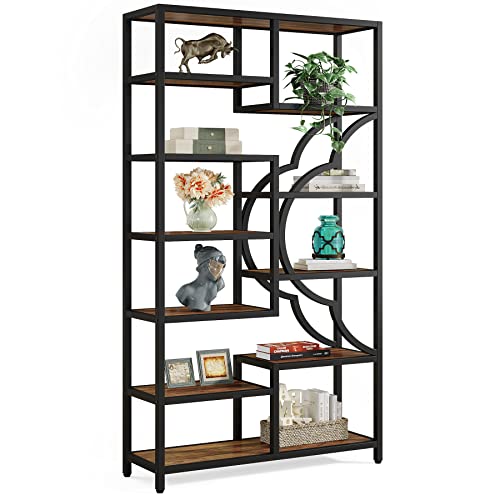 Tribesigns 75 Inch Tall Bookshelf, 11-Shelves Staggered Bookcase with Unique Arc-Shaped Design, Industrial Etagere Shelving Unit Storage Display Shelves for Living Room, Bedroom, Home Office, Brown