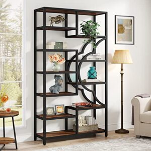 tribesigns 75 inch tall bookshelf, 11-shelves staggered bookcase with unique arc-shaped design, industrial etagere shelving unit storage display shelves for living room, bedroom, home office, brown