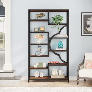 Tribesigns 75 Inch Tall Bookshelf, 11-Shelves Staggered Bookcase with Unique Arc-Shaped Design, Industrial Etagere Shelving Unit Storage Display Shelves for Living Room, Bedroom, Home Office, Brown