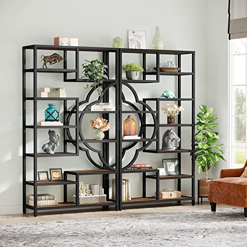 Tribesigns 75 Inch Tall Bookshelf, 11-Shelves Staggered Bookcase with Unique Arc-Shaped Design, Industrial Etagere Shelving Unit Storage Display Shelves for Living Room, Bedroom, Home Office, Brown