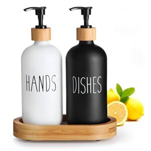 HULISEN Dish Soap Dispenser Set with Bamboo Tall Tray, Kitchen Soap Dispenser Set, Matte Hand and Dish Soap Dispenser Set for Modern/Boho/Farmhouse Kitchen Decor (Black & White)