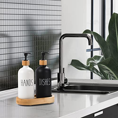 HULISEN Dish Soap Dispenser Set with Bamboo Tall Tray, Kitchen Soap Dispenser Set, Matte Hand and Dish Soap Dispenser Set for Modern/Boho/Farmhouse Kitchen Decor (Black & White)