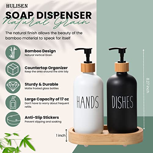 HULISEN Dish Soap Dispenser Set with Bamboo Tall Tray, Kitchen Soap Dispenser Set, Matte Hand and Dish Soap Dispenser Set for Modern/Boho/Farmhouse Kitchen Decor (Black & White)