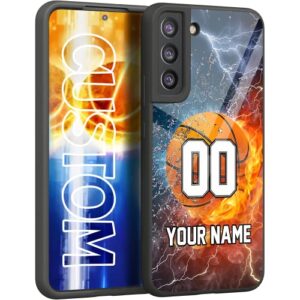 Personalized Basketball vs Name Number US Flag Decor Rubber Cover Phone Case for Samsung Galaxy S23 S22 S21 S20 ULTRA PLUS/ S21 FE /S20 FE/ S10 PLUS/ S9 PLUS/ S8 PLUS /S7 EDGE (Water Fire)