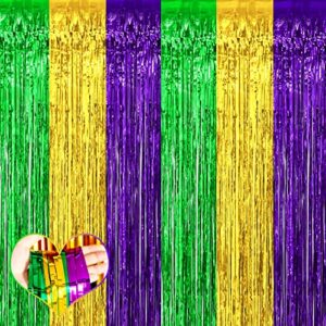 4 pack 3.2ft x 6.6ft mardi gras fringe curtain backdrop, gold green purple metallic tinsel foil fringe streamers curtains background for photo booth birthday wedding carnival party decorations