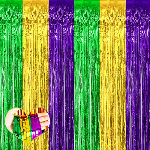 4 Pack 3.2Ft x 6.6Ft Mardi Gras Fringe Curtain Backdrop, Gold Green Purple Metallic Tinsel Foil Fringe Streamers Curtains Background for Photo Booth Birthday Wedding Carnival Party Decorations