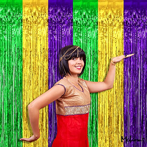 4 Pack 3.2Ft x 6.6Ft Mardi Gras Fringe Curtain Backdrop, Gold Green Purple Metallic Tinsel Foil Fringe Streamers Curtains Background for Photo Booth Birthday Wedding Carnival Party Decorations