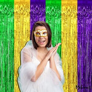 4 Pack 3.2Ft x 6.6Ft Mardi Gras Fringe Curtain Backdrop, Gold Green Purple Metallic Tinsel Foil Fringe Streamers Curtains Background for Photo Booth Birthday Wedding Carnival Party Decorations