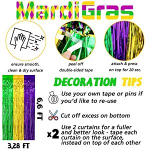 4 Pack 3.2Ft x 6.6Ft Mardi Gras Fringe Curtain Backdrop, Gold Green Purple Metallic Tinsel Foil Fringe Streamers Curtains Background for Photo Booth Birthday Wedding Carnival Party Decorations