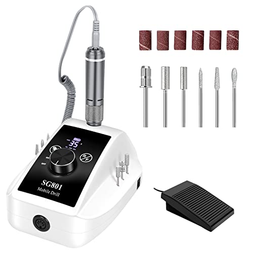 HUGMAPLE Professional 35000RPM Nail Drill for Acrylic Nails, Electric Nail File Machine for Remove Gel Polish Nail, Rechargeable Cordless E File with Bits & Foot Pedal for Manicure Salon Home, White