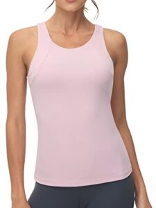 high neck workout tank tops sports bras for women full coverage tank with built-in shelf bras racerback yoga gym shirt lilac
