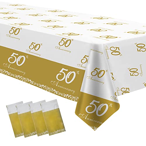 APOWBLS 50th Anniversary Decorations Tablecloth - Disposable Golden 50th Wedding Anniversary Table Decorations, for Happy 50th Wedding Anniversary Party Supplies Table Cove - 4 Pack (54in x 108in)