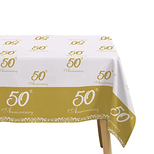 APOWBLS 50th Anniversary Decorations Tablecloth - Disposable Golden 50th Wedding Anniversary Table Decorations, for Happy 50th Wedding Anniversary Party Supplies Table Cove - 4 Pack (54in x 108in)