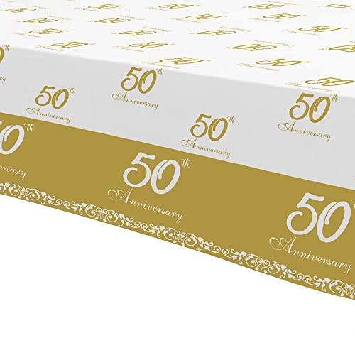 APOWBLS 50th Anniversary Decorations Tablecloth - Disposable Golden 50th Wedding Anniversary Table Decorations, for Happy 50th Wedding Anniversary Party Supplies Table Cove - 4 Pack (54in x 108in)