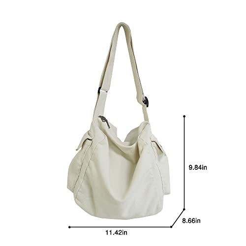 Canvas Tote Bag Hobo Crossbody Handbag Big Capacity Messenger Bag with Multiple Pockets Casual Shoulder Bag for Women Men (B-White)