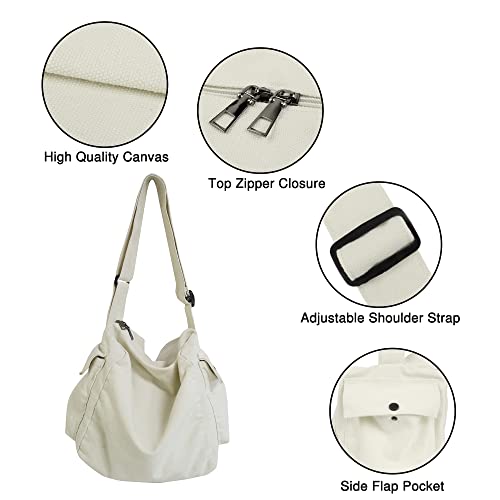 Canvas Tote Bag Hobo Crossbody Handbag Big Capacity Messenger Bag with Multiple Pockets Casual Shoulder Bag for Women Men (B-White)