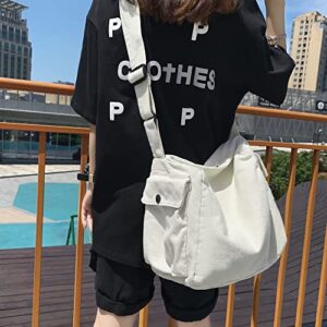 Canvas Tote Bag Hobo Crossbody Handbag Big Capacity Messenger Bag with Multiple Pockets Casual Shoulder Bag for Women Men (B-White)