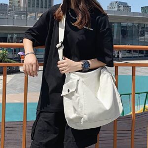 Canvas Tote Bag Hobo Crossbody Handbag Big Capacity Messenger Bag with Multiple Pockets Casual Shoulder Bag for Women Men (B-White)