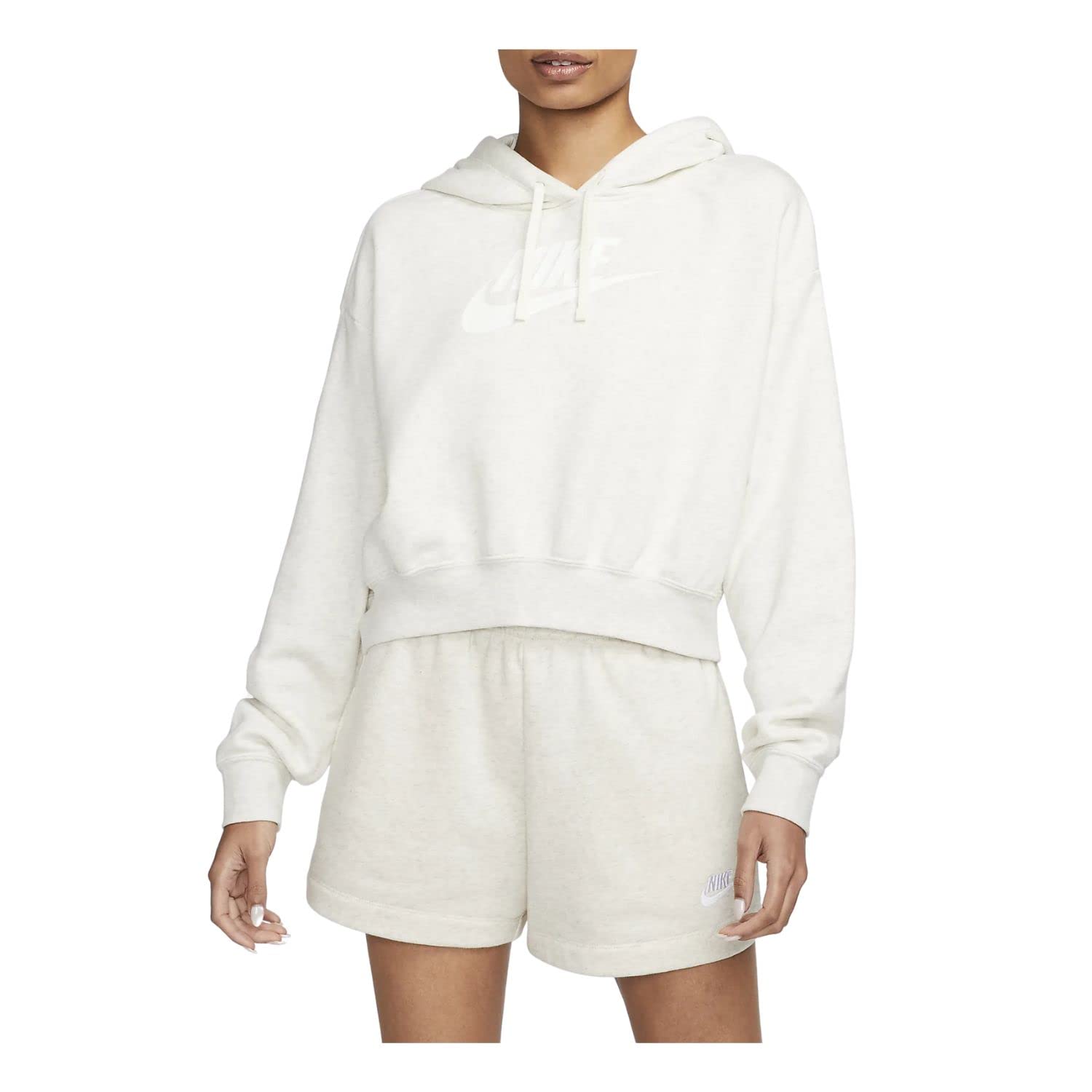 Nike Women's Sportswear Club Fleece Oversized Crop Graphic Hoodie, Oatmeal Heather/White, Medium