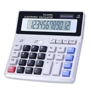 desk calculator large display, dual power 12 digit desktop big button mechanical basic office calculator for school home and business (grey).