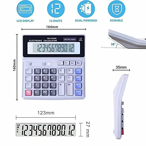 Desk Calculator Large Display, Dual Power 12 Digit Desktop Big Button Mechanical Basic Office Calculator for School Home and Business (Grey).